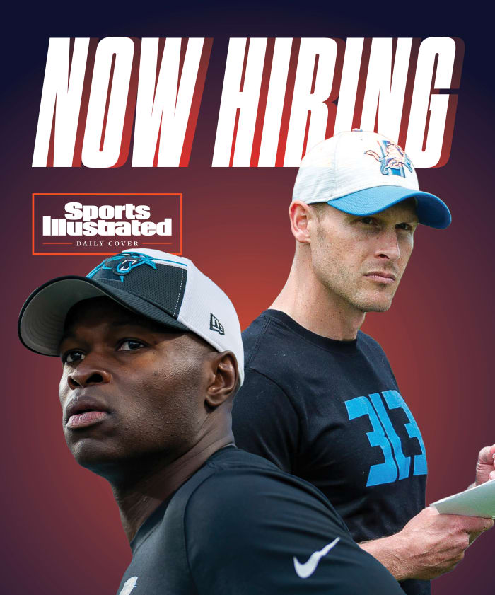 A graphic with pictures of NFL coaches Ben Johnson and Ejiro Evero that says NOW HIRING.